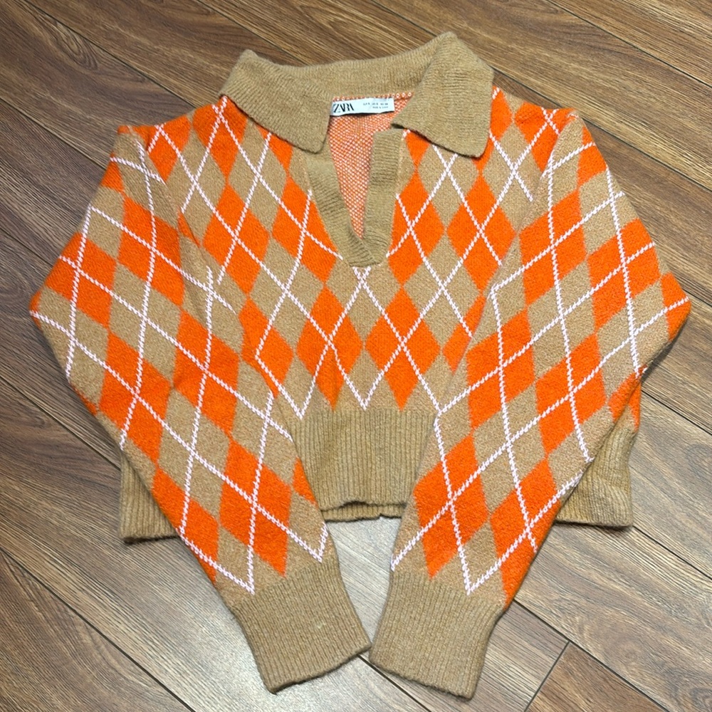 Women’s Zara knit argyle polo sweater, size US S,
